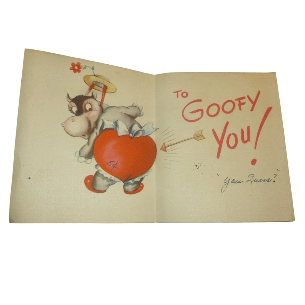 Vintage 1947 Rust Craft Valentine Card Hippo Cupid Wacky Me Goofy You Kitsch MCM